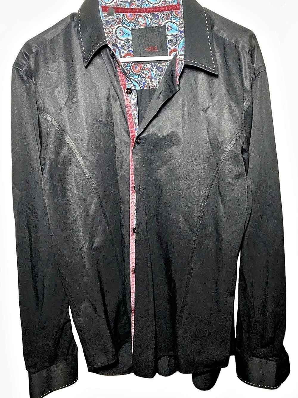 Eight X Premium Black Button Down Shirt XXL Paisley Collar Contrast